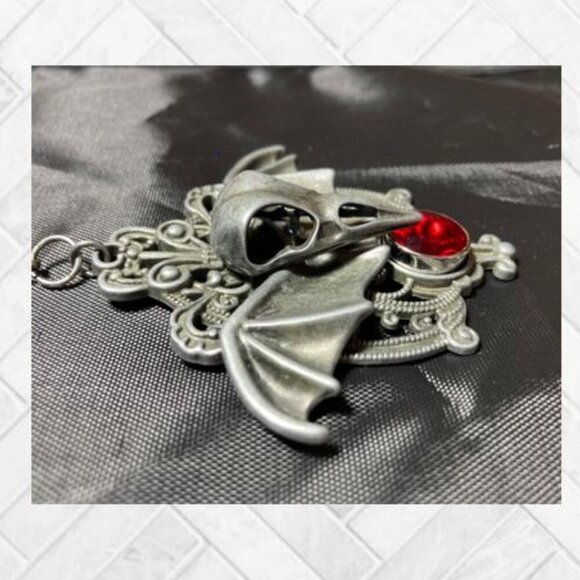"Evil Bat" Bird Skeleton Head and Ruby-Colored Austrian Crystal Pendant - Picture 6 of 11